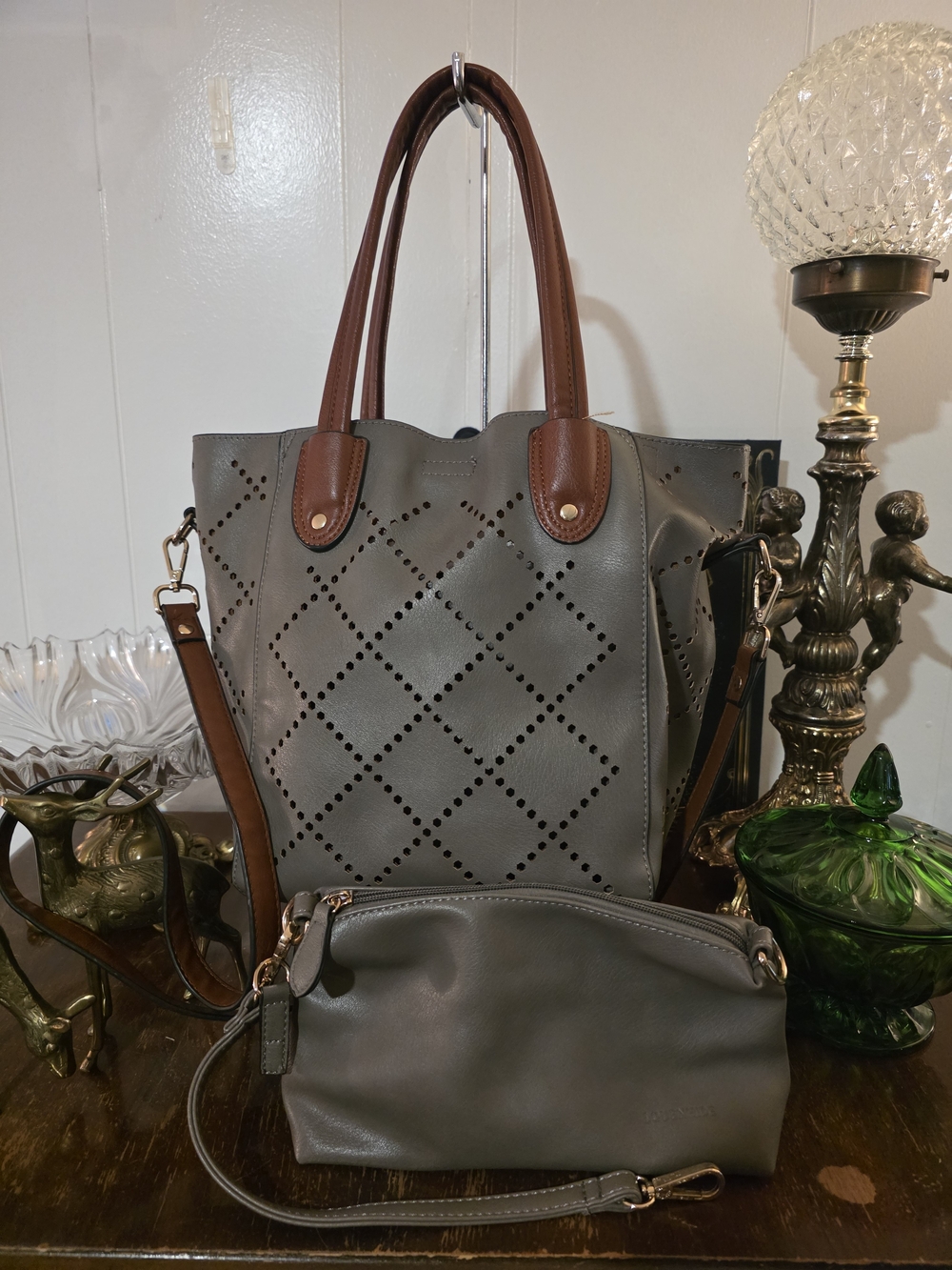 Eye Catching Louenhide Gray Laser-Cut Tote with Brown Trim